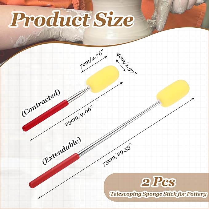 PATIKIL 29.5" Telescoping Sponge Stick for Pottery, 2Pcs Retractable Ceramic Pottery Clay Sponge Tool for Removing Excess Water from Tall and Narrow Pottery, Yellow/Red(1.57"W)