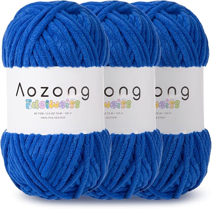 Super Soft and No Shedding Chunky Chenille Yarn for Crocheting and Knitting -Easy to Crochet with-Super Bulky #6, 3Pack of 3.5oz/82yds -Chunky Plush Yarn for Hand Craft Blanket Amigurumi Blue Color