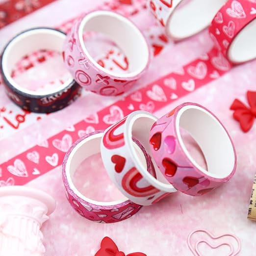 Valentine's Day Washi Tape Set - 16 Rolls Pink & Red Decorative Tape for Love Letters, Journals & Gifts (0.6" x 10 ft) - Hearts, XOXO, Love, Candy, Rainbows, Love Letters