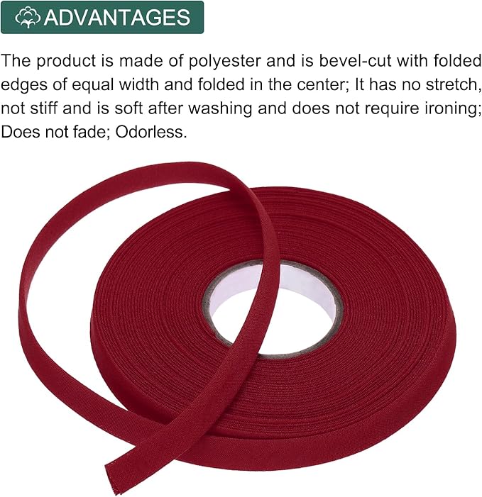 MECCANIXITY 2/5 Inch Double Fold Bias Tape Polyester Continuous Bulk Bias Tape for Sewing,Seaming Quilting Hemming Binding Crafts (Wine Red 10 Yards)