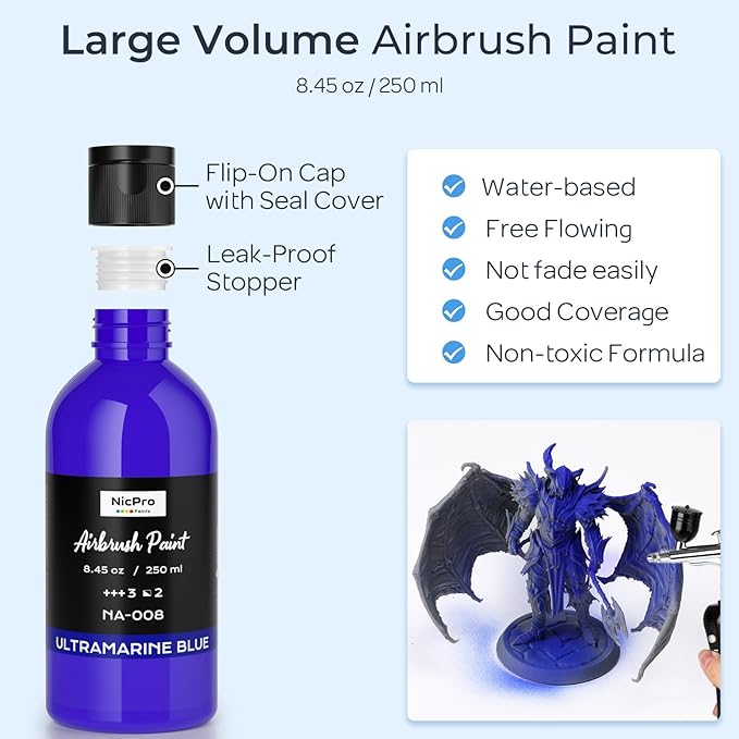 Nicpro Blue Large Airbrush Paint (8.45 oz, 250 ml) Ready to Spray Opaque Water-Based Acrylic Air Brush Paints for Model, Wood, Canvas, Metal, Plastic, Leather, for Beginners & Artists