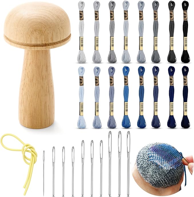 Jexine Darning Mushroom for Socks Wooden Darning Supplies Kit with Large Eye Needles Sewing Threads for Socks Clothes Adults Darner DIY Handicraft Home Sewing Care (Grey Blue)