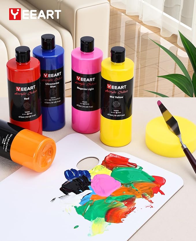Acrylic Paint Set, 12 Colors Acrylic Paint Large Bottle Set, 16OZ Each, Rich Pigmented Canvas Paint, Premium Non-toxic Paints for Artists, Paint Set for Adults, Art Supplies for Canvas