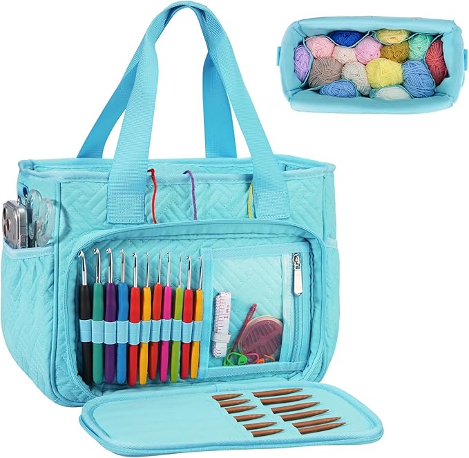 Dadanism Crochet Bag, Knitting Tote Bag, Yarn Storage Holder with Handle & Shoulder Strap, Yarn Storage Organizer for Crocheting Knitter, Crochet Hooks, Knitting Needles Kit, Sewing Supplies, Blue