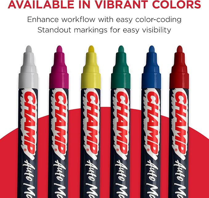CHAMP Auto Markers Pack of 3 – 4mm Tip, Works on Multiple Surfaces, Smudge-Proof, Weather-Resistant, Washable Markers for Auto Shops, Mechanics and Detailing - Red