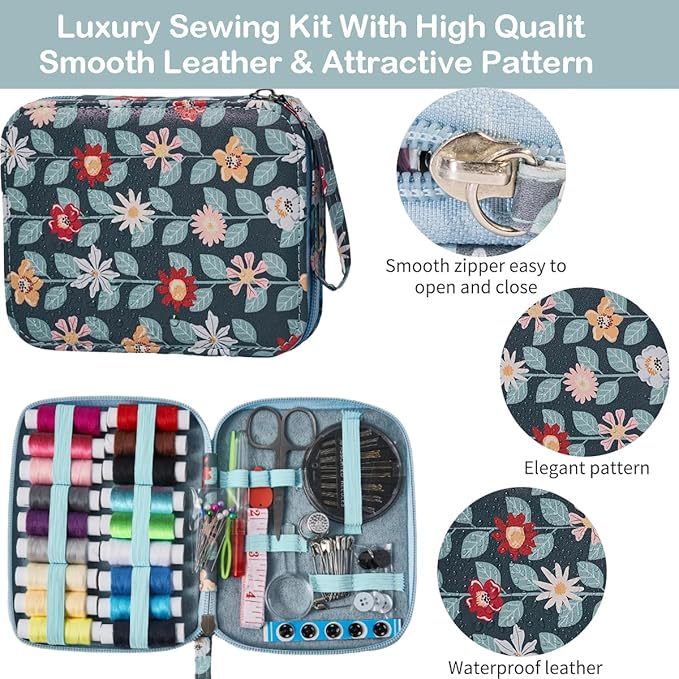 Printing Vines Sewing Project Kits,Travel Portable Sewing Set with Zipper Sewing Case,87 PCS Professional Sewing Supplies Accessory for Adults,Emergency, Home