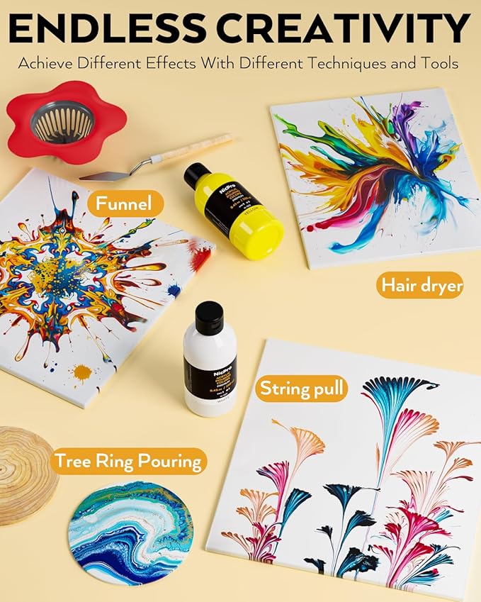 Nicpro 14 Colors 8.45oz Acrylic Pour Paint Supplies Kit, Large Volume Premixed High Flow Painting Bulk Set with Canvas, Wood Natural Slices, Pouring Oil, Tools Gloves, Strainer, Cups for Beginner DIY