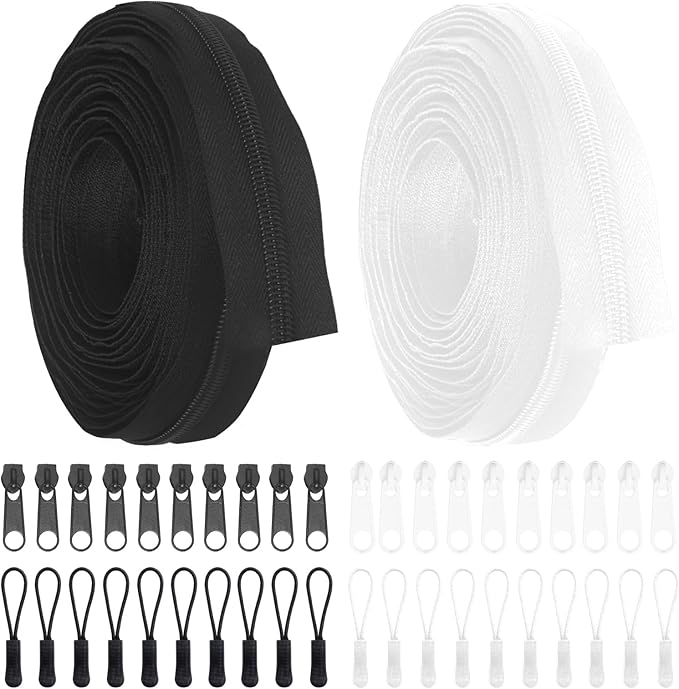 #5 Black and White Zippers Roll,360 inch 10 Yards Nylon Coil Zipper by The Yard with Bulk 20pcs Sliders and 20pcs Zipper Pulls for Replacement and Sewing,DIY Bags,Crafts(5 Yards Each of #5)