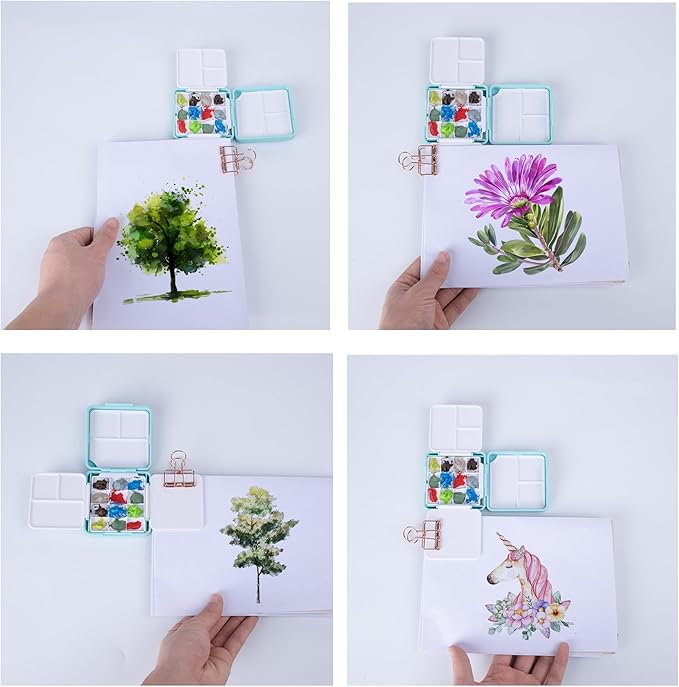 WTYONZEL Travel Pocket Watercolor Set, Artist Outdoor Sketch Kits with 24 Well Palette,3 Foldable Palettes,Clip-on Washing Bucket,Silicone Bag,Ideal for Outdoor Sketch Artists(Blue)