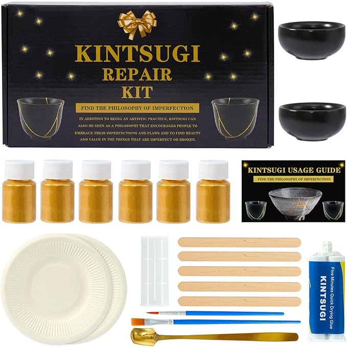 deuvuo Kintsugi Repair Kit Gold, 21 Pcs Authentic Kintsugi Repair Kit to Revive Your Broken Ceramic, Pottery, Mug, Bowl, Glass Keepsakes with Ease - Japanese Art DIY Set Bio for Beginners