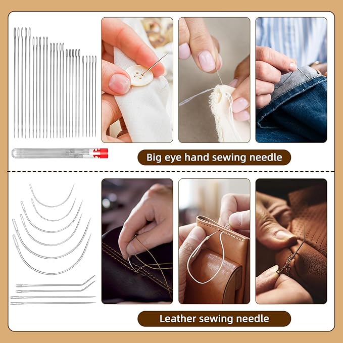 51Pcs Sewing Tool Set Heavy Duty Sewing Kit Big Eye Steel Sewing Needles Thread Kits Hand Sewing Kit for Upholstery Repair Leather Heavy Duty Thread Strong Large Eye Sewing Needle Seam Ripper Thimbles