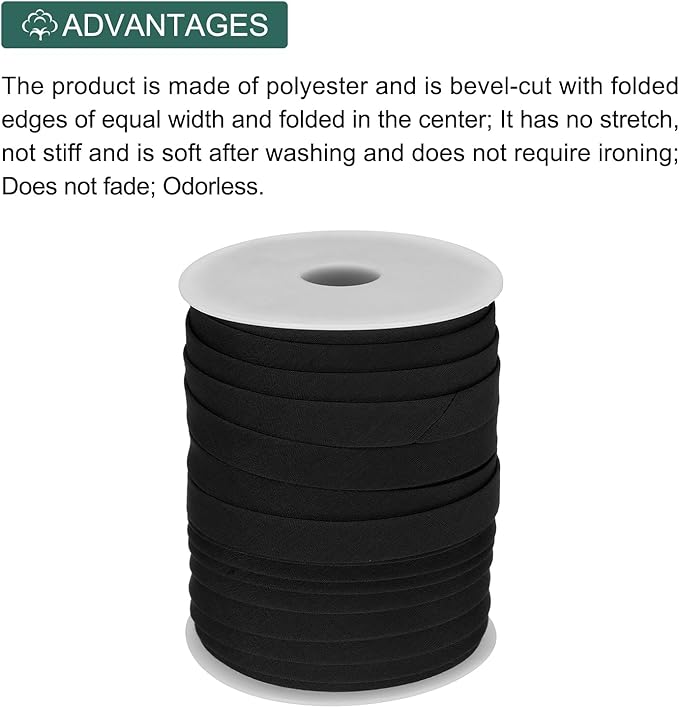 MECCANIXITY 1/2 Inch Double Fold Bias Tape Polyester Continuous Bulk Bias Tape for Sewing,Seaming Quilting Hemming Binding Crafts (Black 55 Yards)