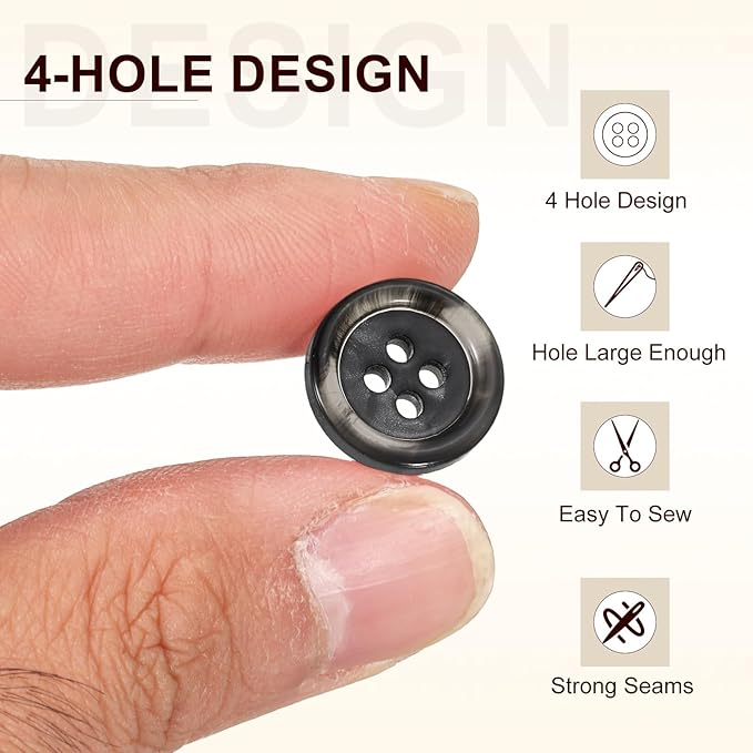 HARFINGTON 24pcs Sewing Button 15mm (5/8") 4 Holes Resin Round Buttons Craft Sewing Accessories for Clothing DIY Crafts Decoration, Black-Grey