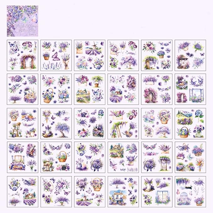 MAFELOE 30 Pages PET Scrapbook Stickers of Creative Flowers Theme, Aesthetic Deco Journaling Supplies for Junk Bullet Diary Album Calendars-Purple (Y3-P-WSSL)
