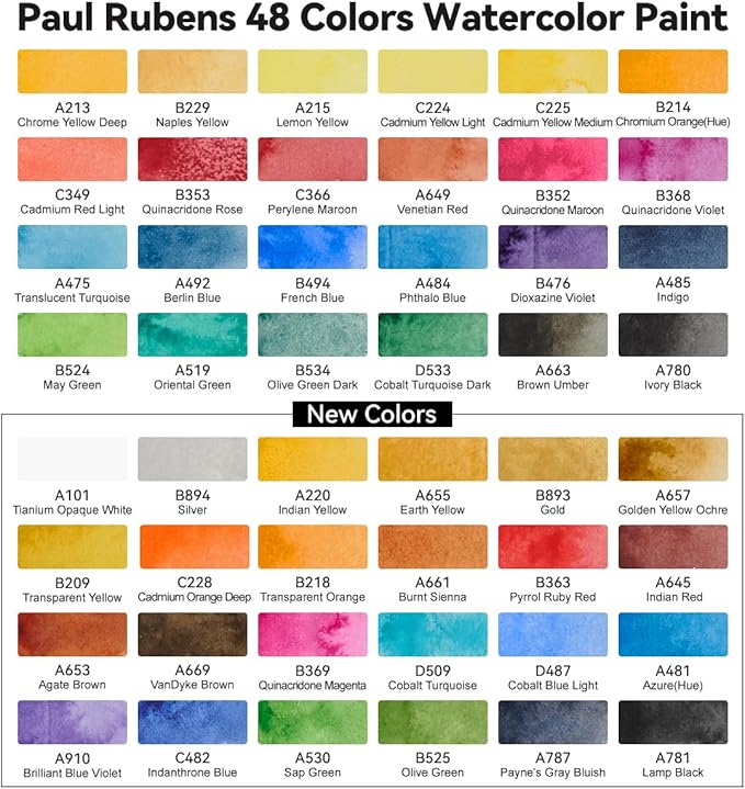 Paul Rubens Artist Watercolor Paint Set,48 Vibrant Colors in Portable Box, Great Lightfastness, Perfect Travel Professional Watercolor Set for Artists, Beginners, Adults