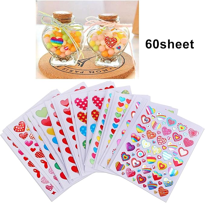 Love Heart Stickers, 60 Sheets Colorful Heart Decorative Stickers for Valentine's Day, Anniversaries, Wedding