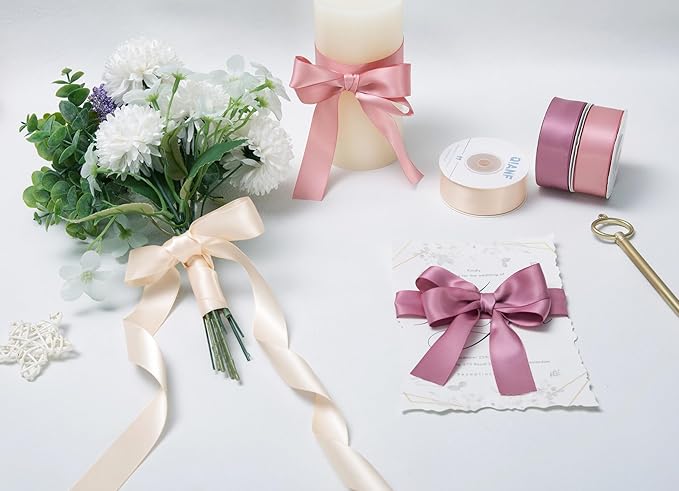 Dusty Rose Double Face Satin Ribbon 1 Inch x 45 Yards Champagne Pink/Rose Gold/Mauve Fabric Ribbon for Gift Wrapping, Flower Bouquets, Bows Making, Wedding Decor (3 Rolls *15Yd)