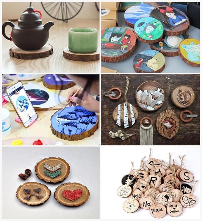 30pcs Wood Slices, BetterJonny 2.36-2.75 inch Undrilled Wooden Circles Predrilled with Hole Natural Wood Ornaments with 10 Meters Jute Rope for Arts DIY Craft