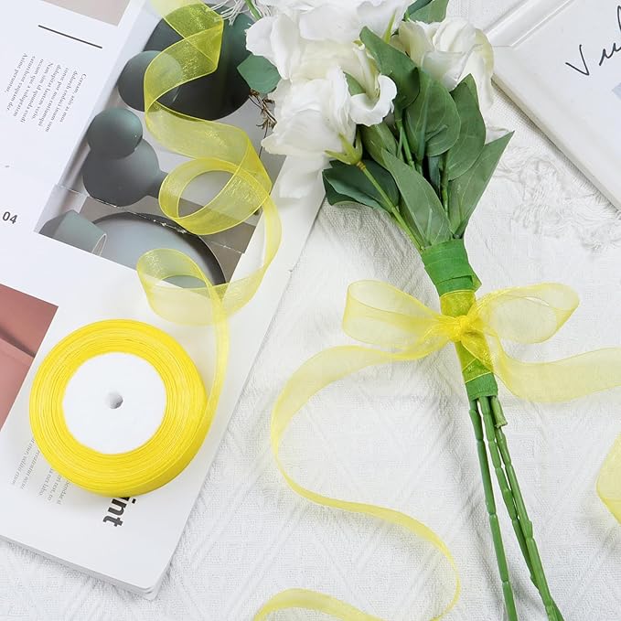 Yellow Ribbon for Gift Wrapping 3/8 inch Sheer Organza Ribbon for Flower Bouquet Tulle Chiffon Ribbons for Wedding Invitations Christmas Halloween Decorations Crafts 50 Yards