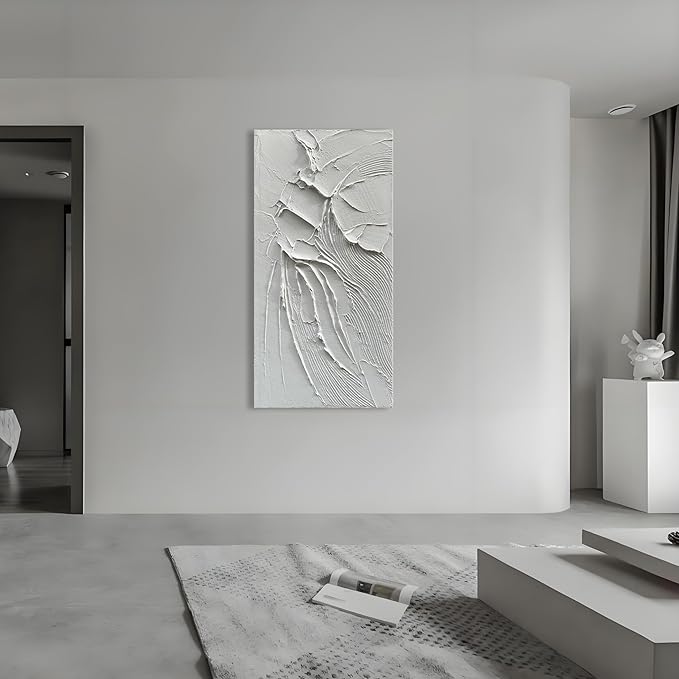 Art Thick Textured White Minimalist Oil Painting Large Home Wall Deco Art 48x24 inches