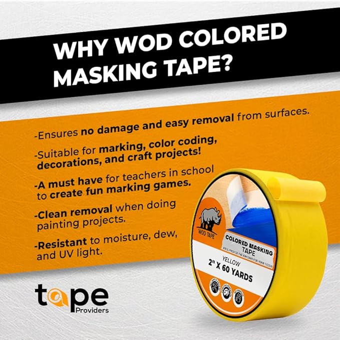 WOD MTC5 Colored Masking Tape, Rainbow, 12 inch x 60 yds. Set of 6 Rolls - Colorful Teacher Painters Tape for Fun DIY Art & Crafts, Lab Labeling, Writable & Classroom Decorations
