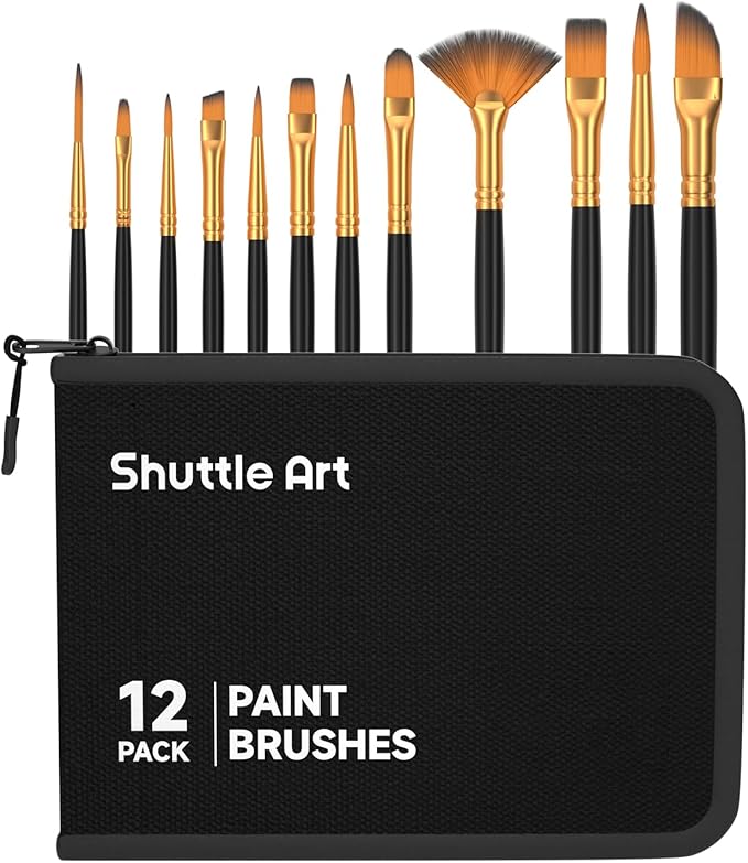 Shuttle Art 12 PCS Paint Brush Set with Case, Assorted Shapes & Sizes for Acrylic, Watercolor, Oil, and Gouache, Perfect Artist Brushes for Kids, Beginners, and Professionals, Ideal for Home or Travel
