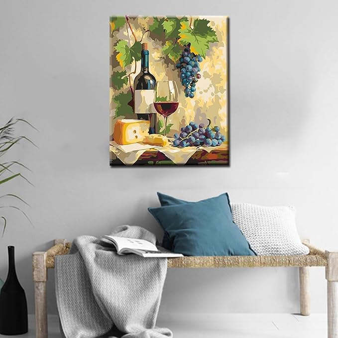 Paint by Numbers for Adults Beginners Grape and Wine DIY Oil Painting on Canvas 16x20 Inch Acrylic Pigment Watercolor Paint kits Rustic Style Artwork Retro hHome Wall Art Decor Gift (Frameless)