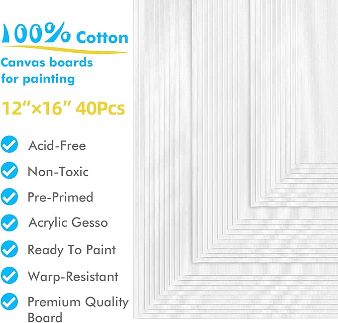 Gotideal Canvas Boards for Painting, 40pcs 12x16 Primed Canvas for Painting, Bulk Painting Canvas for Kids and Adults, White Blank Canvas Panels for Acrylic, Oil, Pour Art Supplies