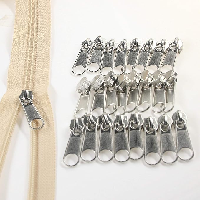 Leekayer #5 Beige Nylon Coil Zippers by The Yard Bulk 10 Yards with 25pcs Silver Sliders for DIY Sewing Tailor Craft Bag(Beige)