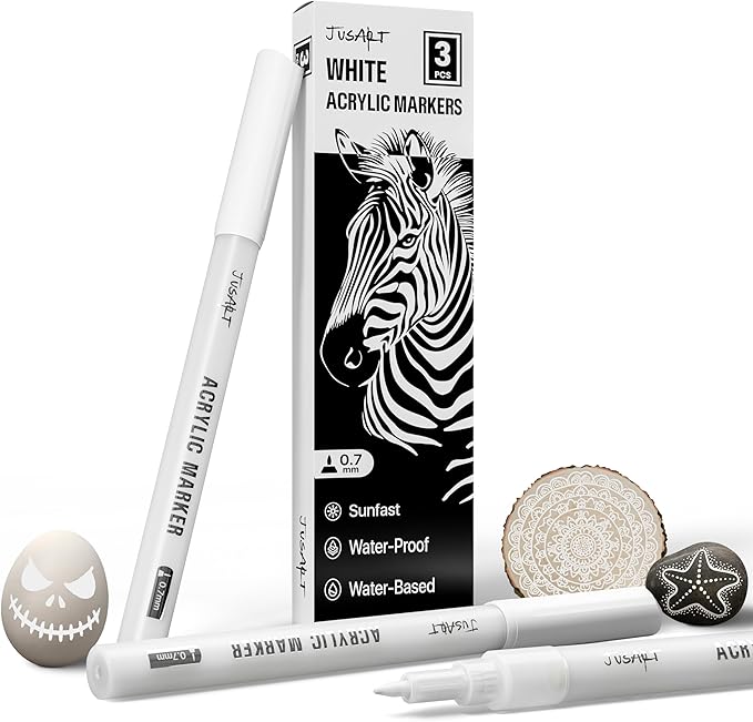 JusArt 3 Pack White Permanent Markers, 0.7mm Fine Point Acrylic Paint Pens for Rock Painting, Art Projects, Ceramic, Glass, Wood, Metal, Fabric, DIY, Ideal White Acrylic Marker for Art Supplies