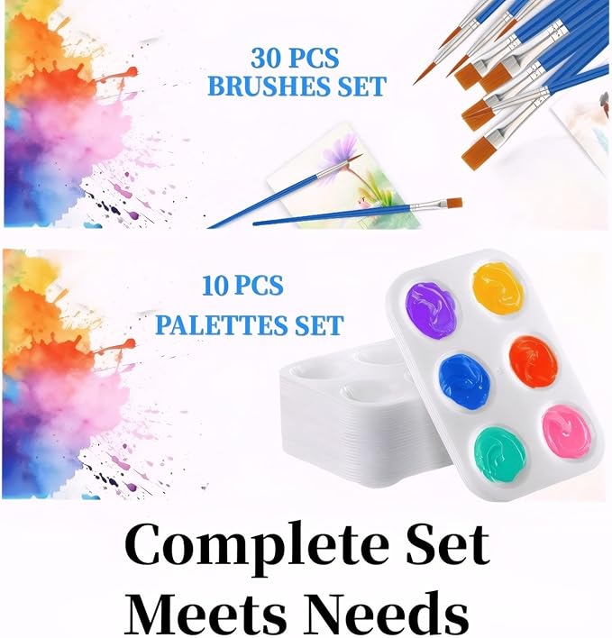 Paint Brushes Bulk(30 Pcs) and Palettes（10 Pcs） - 15 Pcs Flat & 15 Pcs Pointed Paint for Oil Acrylic, Watercolor Painting - Art Supplies for Kids, Adults (Canvas, Face, Nail Art, Classroom, Studio)
