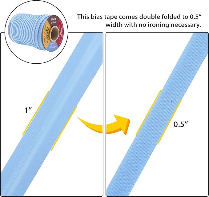 Mandala Crafts 55 Yards 1/2 Inch Light Blue Double Fold Bias Tape for Sewing - Bias Binding Tape for Quilting Binding, Hemming, Seam, and Fabric Piping