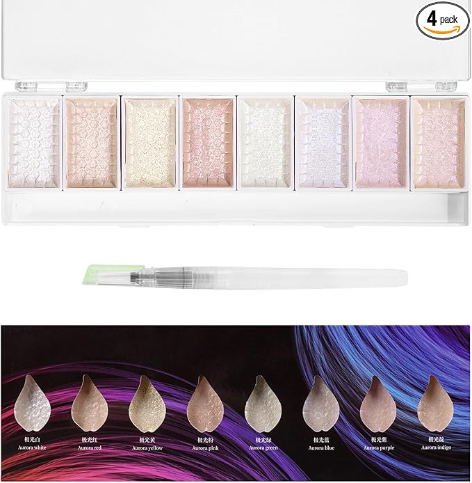 LIGHTWISH Metallic Waterolor Paints,8 Aurora Colors,Artist Glitter Solid Watercolors with 1 Water Brush Pen for Artists, Students and Beginners