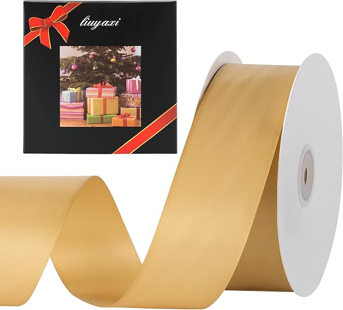 LIUYAXI Old Gold Double Faced Satin Ribbon, 2" X Continuous 50 Yards, Ribbons Perfect for Gift Wrapping Wedding DIY Craft Bow Making & Other Projects