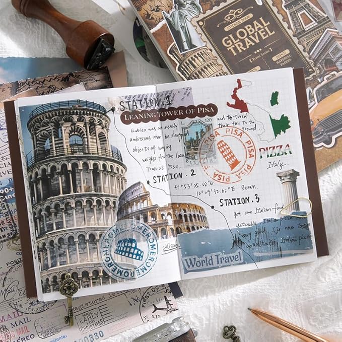 Vintage Aesthetic Washi Stickers and Papers for Scrapbooking, 50 Sheets Ephemera Book for Art Journaling with Retro Global Travel Theme Stickers and Decoupage Papers for Junk Journal