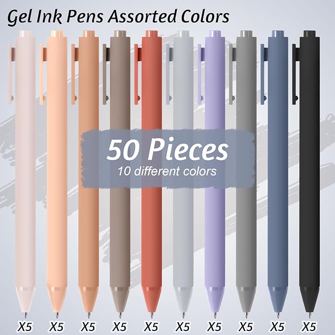 Crtiin 50 Pcs Gel Ink Pens Bulk, Black Ink 0.5mm Fine Point Retractable Pen Smooth Writing Office Supplies for Teacher Server Nurse Christmas Charity Donation Valentine (Morandi Colors)