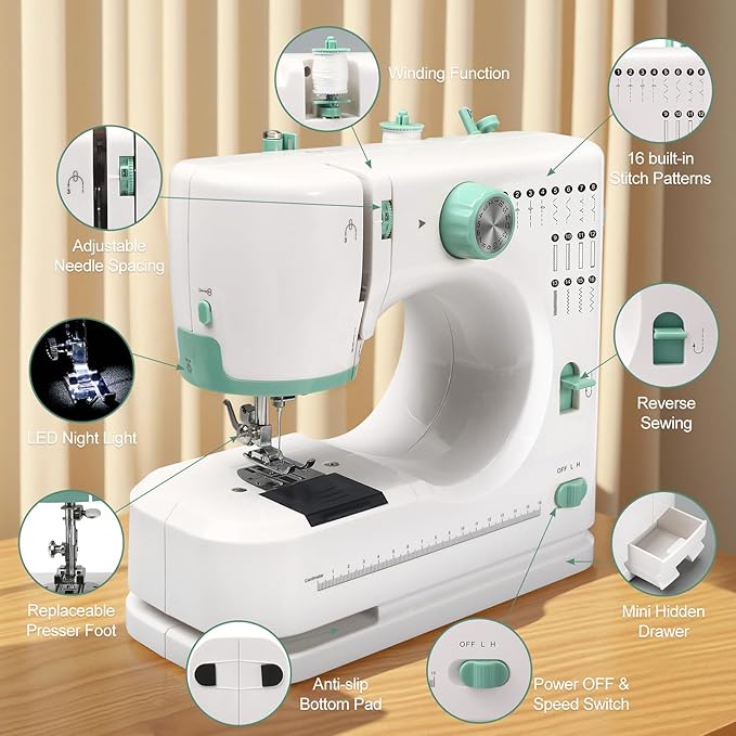 Mini Sewing Machine for Beginners with 32 PCS Threads Kit,16 Built-In Stitches, 2 Speed, Multifunctional Portable Sewing with Foot Pedal Small Sewing Quilting Machine (style_a)