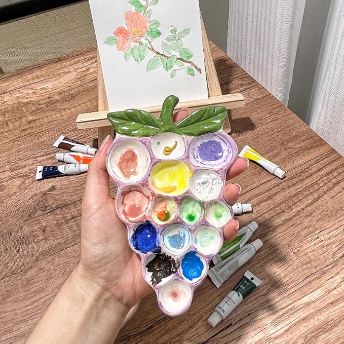 Ceramic Grape Palette - Vibrant Purple Painted Artist Palette, Grape-Inspired Ceramic Paint Mixing Tray for Watercolor, Acrylic & Oil Painting