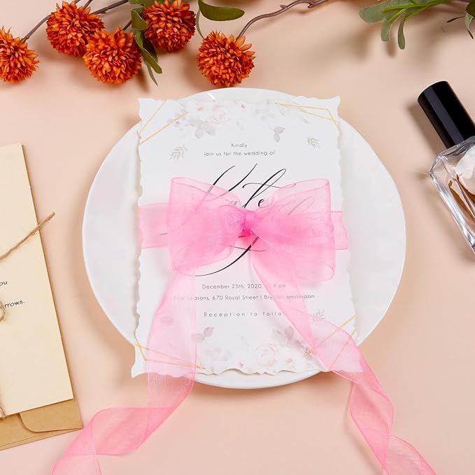 Pink Ribbon for Gift Wrapping 1 inch Sheer Organza Ribbon for Flower Bouquet Tulle Thin Chiffon Ribbons for Wedding Invitations Presents Decorations Crafts 50 Yards