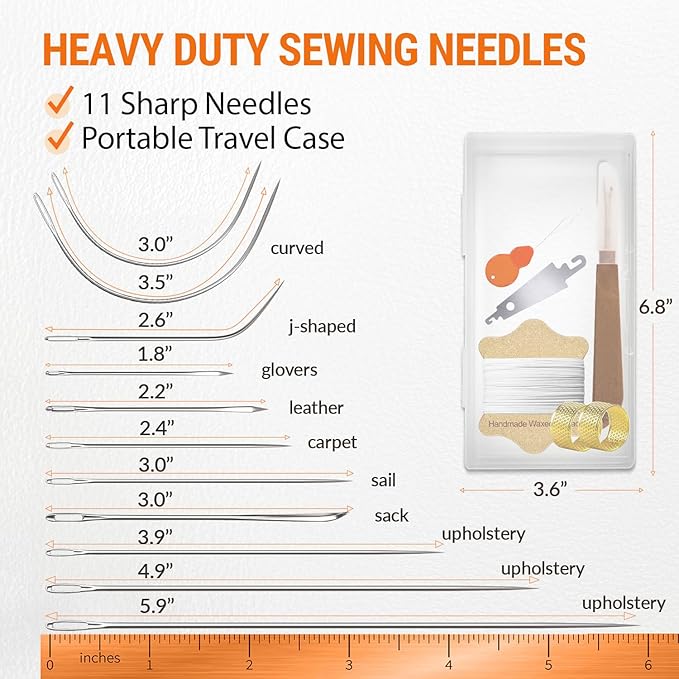 VONEEDL Upholstery Repair Kit: Waxed Sewing Thread (White Color) & Heavy Duty Needles (11 PCS) for Leather, Canvas & Quilting Thread