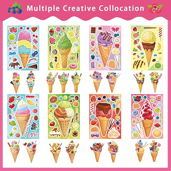 24 Sheets Ice Cream Stickers, Make Your Own Sticker for Toddlers Kids, Make a Face Stickers for Ice Cream Party Favor Supplies Craft