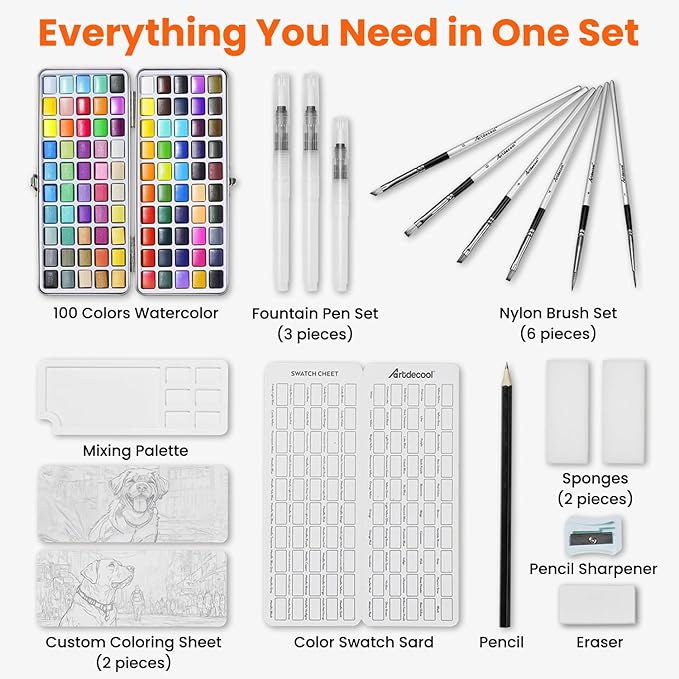Watercolor Paint Set, 100 Colors, Travel Water Colors kit with 9 Brushes, 3 Swatch Cards, Palette set Including Metallic and Accessories Art Supplies Gifts for Beginners, Artists, Adults and Hobbyists