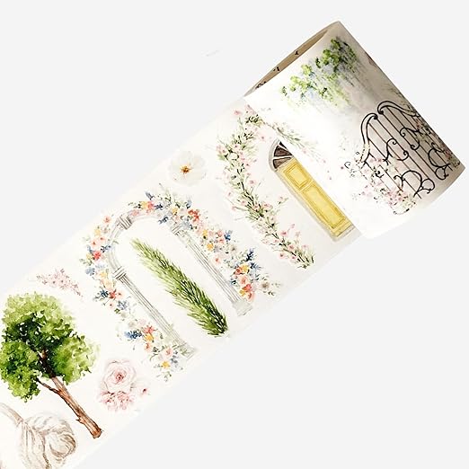 WT Pre-Cut French Courtyard Wide Washi Tape, Single Roll, Romantic European Courtyard Style with Floral Designs, Decorative Washi Paper Tape for Journaling, Scrapbooking, Planner, DIY Crafts