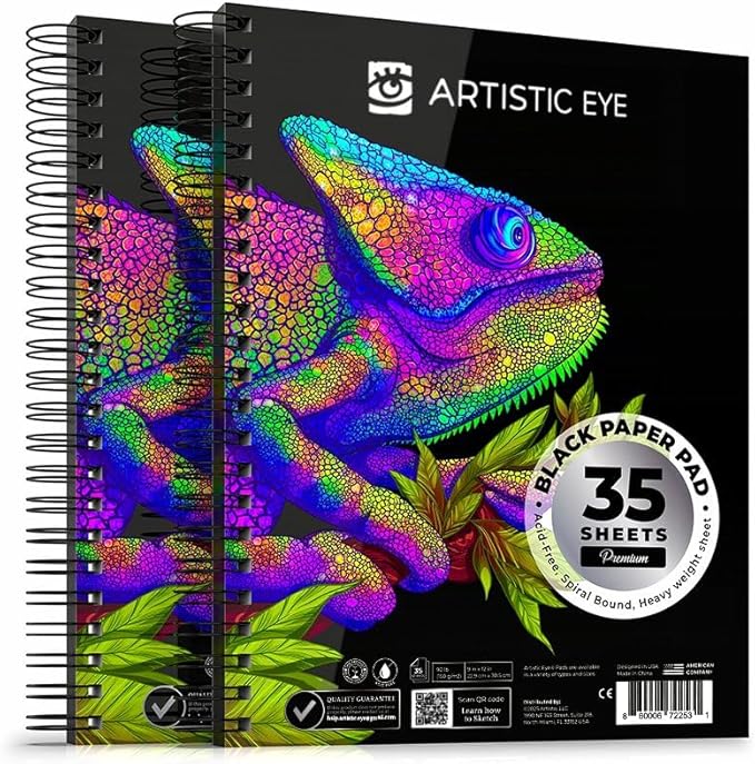 ARTISTIC EYE 9x12 Premium Black Paper Pads, Spiral Bound Sketchbook, Pack of 2, 70 Sheets (150g/m2), Acid-Free Drawing Paper, Ideal for Kids, Teens & Adults