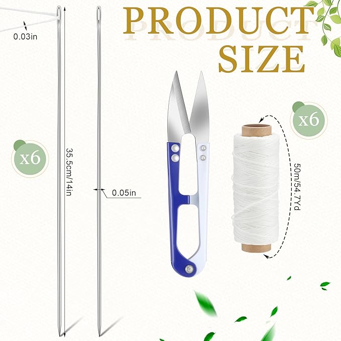 Leriton 13 Pcs Lei Needle Kit Include 6 Pcs Stainless Steel Long Needle 6 Twine 1 Sewing Scissors for DIY Marigold Garland Hawaiian Flowers Bead Stitch Craft(14'',Novel Style)