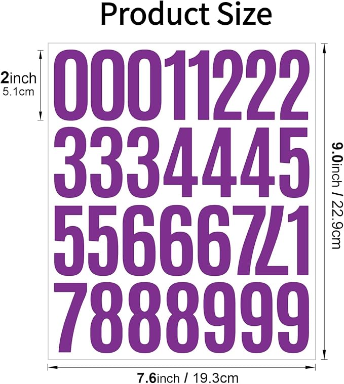 10 Sheets Vinyl Mailbox Number Stickers - Self-Adhesive Address Labels for Cars, House Doors, Windows & Metal Mailboxes (Purple, 2 inch)