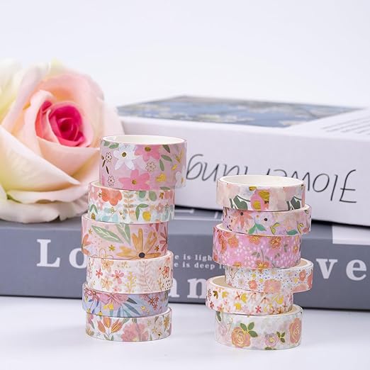 12 Rolls Vintage Washi Tape Set, Botanical Tapes, Decorative Tapes for Scrapbooking Supplies/Junk Journal/Bullet Journaling/Art Crafts(Pink)