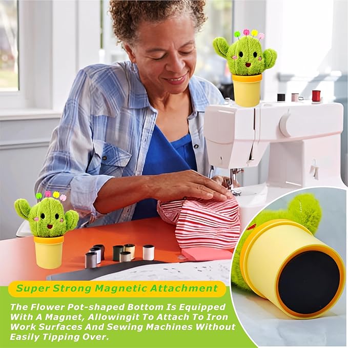 Cactus Pin Cushion Sewing Tool Set with Magnetic Storage, Including 50 Cute Flowers Needles, Threader, Thimble ＆Tape Measure, Pin Holder for Sewing DesksApplique & Patchwork Crafter.