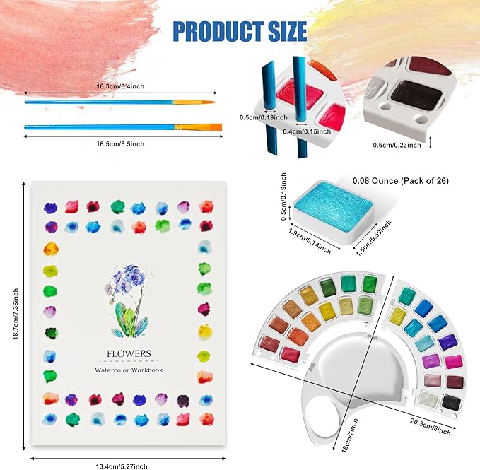 Watercolor Workbook, Water Coloring Book with 13 Pages 300GSM Paper, 26 Colors Watercolor Paint Set with Brush & Storage Bag, Beginner-Friendly Coloring Book for Adults - Flowers Theme Art Kit
