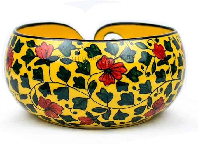 Nagina International Ceramic Attractively Hand Painted Gorgeous Stoneware Yarn Ball Storage Bowl With Innovative Dispensing Curl | Knitting & Crochet Accessions (Large, Yellow Shrubs)